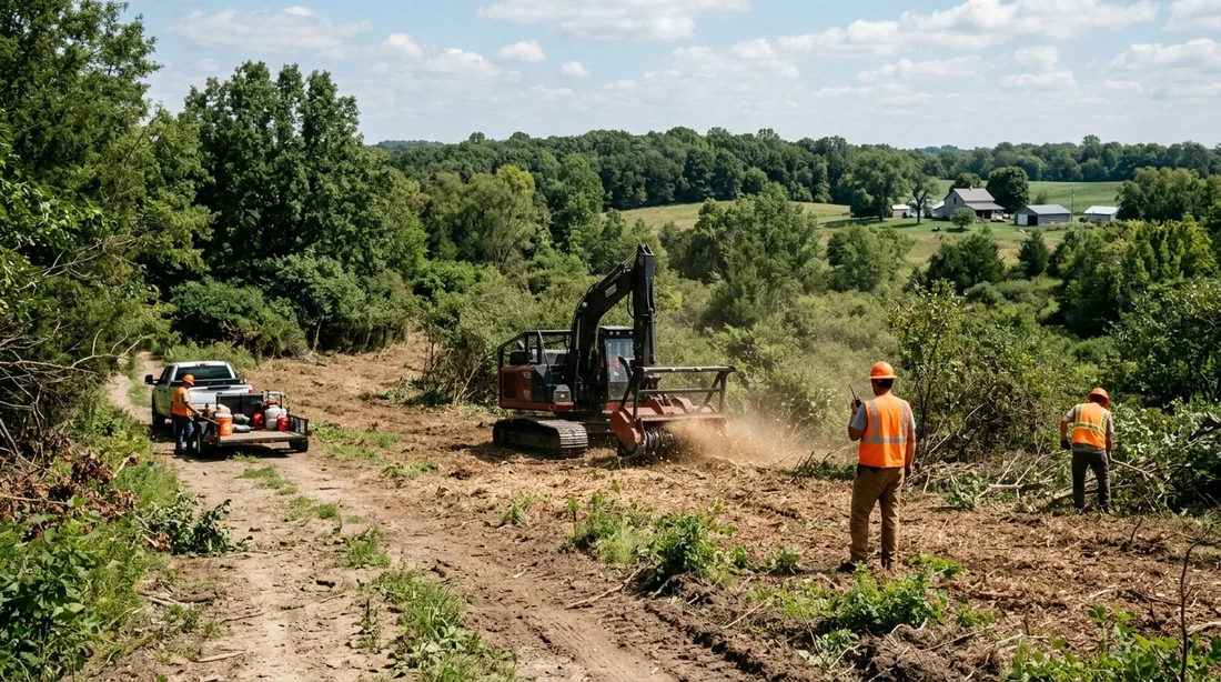 A small professional crew working on a forestry mulching job at a property, seen from behind and at — Springfield, IL